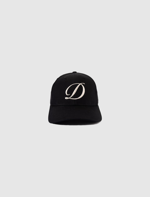 Black baseball cap with large white embroidered letter D on front, streetwear accessory