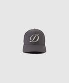 Gray baseball cap with large white embroidered letter D on front, streetwear accessory