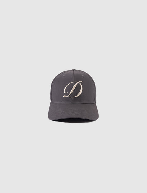 Gray baseball cap with large white embroidered letter D on front, streetwear accessory