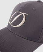 Grey baseball cap with large embroidered cream letter D on the front panel
