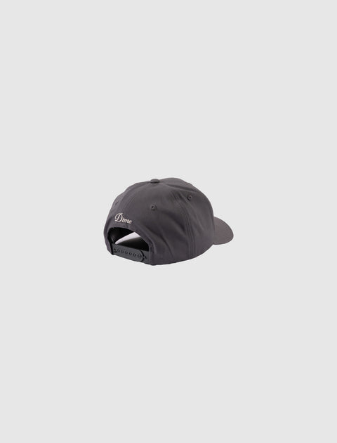 Gray snapback hat with embroidered 'Dime' logo on back, men's streetwear accessory
