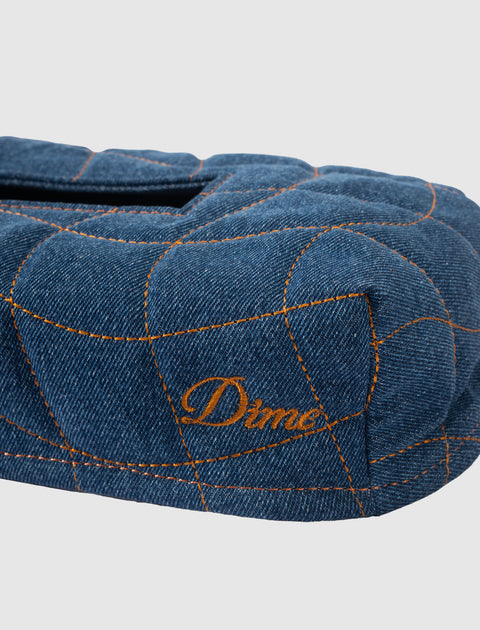Quilted denim bag with orange stitching and 'Dime' embroidered detail