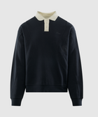 Navy men's long sleeve polo sweatshirt with contrasting white collar and button placket