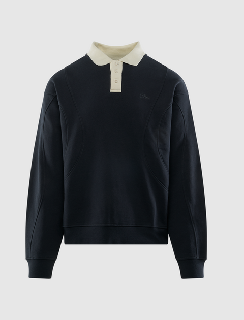 Navy men's long sleeve polo sweatshirt with contrasting white collar and button placket