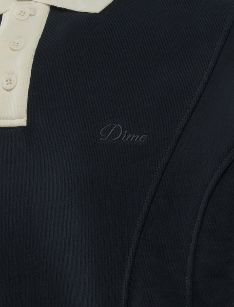 Navy blue men's streetwear polo shirt with cream collar and button placket, Dime logo embroidery.