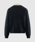 Back view of navy men's streetwear pullover with contrast collar and panel details