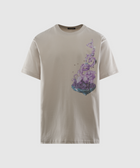 Beige streetwear t-shirt with abstract purple and blue graphic on front