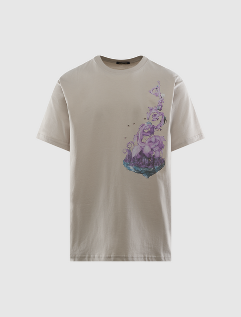 Beige streetwear t-shirt with abstract purple and blue graphic on front