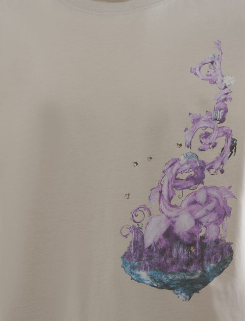 Beige streetwear tee with abstract purple fantasy graphic, floating island design