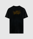 Black streetwear t-shirt with yellow graffiti graphic on chest, men's casual apparel