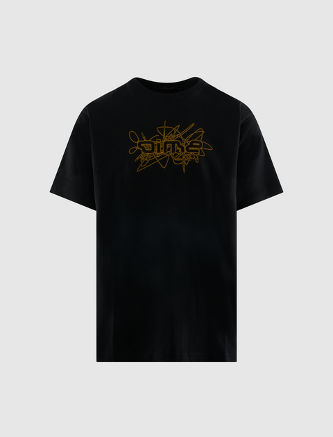 Black streetwear t-shirt with yellow graffiti graphic on chest, men's casual apparel