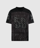 Black short sleeve streetwear t-shirt with abstract pattern and bold 50 graphic on front
