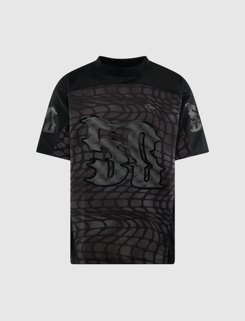 Black short sleeve streetwear t-shirt with abstract pattern and bold 50 graphic on front