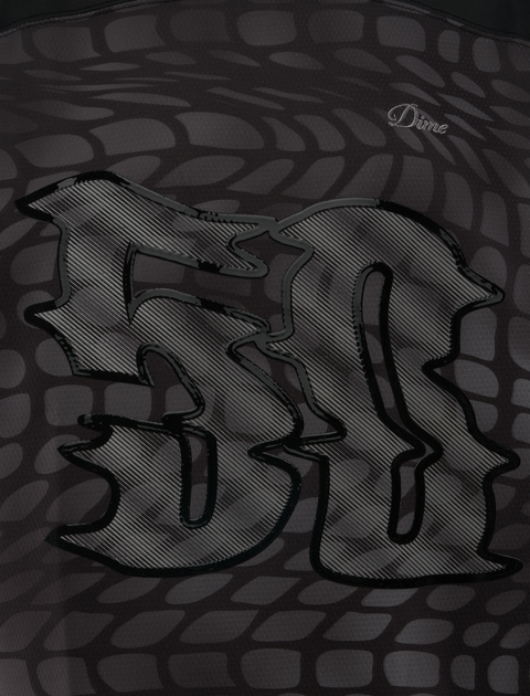 Black streetwear top with bold textured 3D '50' graphic and all-over abstract pattern