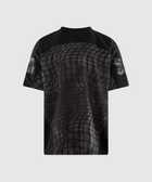 Men's short sleeve black streetwear top with abstract reptile pattern and graphics on sleeves