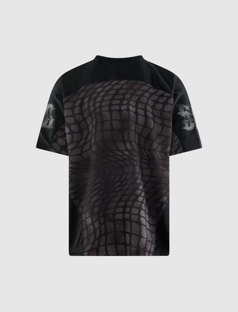 Men's short sleeve black streetwear top with abstract reptile pattern and graphics on sleeves