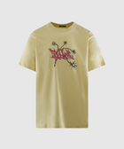 Yellow streetwear t-shirt with bold graphic print and barbed wire star design on front