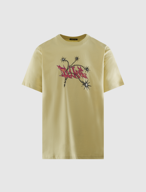 Yellow streetwear t-shirt with bold graphic print and barbed wire star design on front