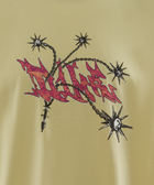 Yellow streetwear tee with red graffiti graphic and black chain mace artwork on chest