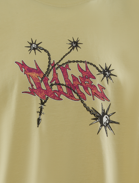 Yellow streetwear tee with red graffiti graphic and black chain mace artwork on chest