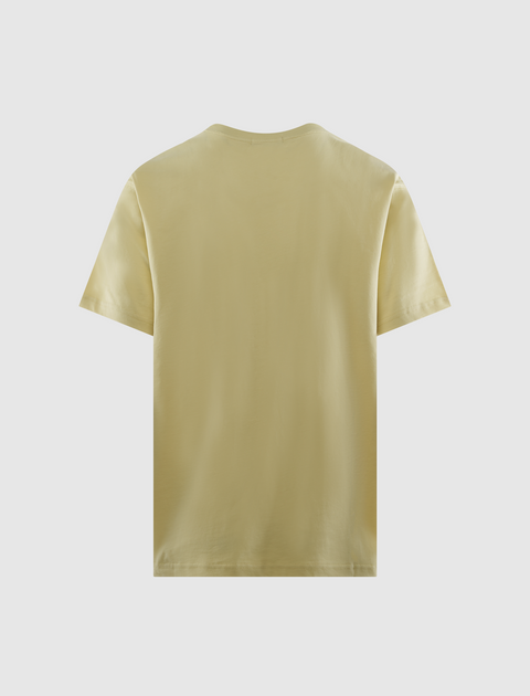 Back view of plain light yellow men's short sleeve streetwear t-shirt on white background