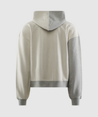 Back view of colorblock men's streetwear hoodie in beige and grey with ribbed cuffs and hem