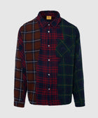 Men's multicolor patchwork plaid flannel button-up shirt with chest pocket.
