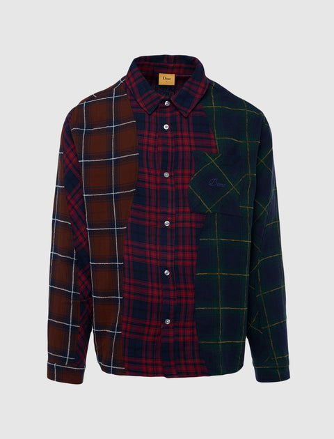Men's multicolor patchwork plaid flannel button-up shirt with chest pocket.