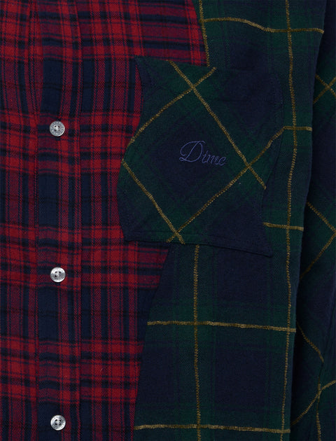 Close-up of a men's plaid button-up shirt with red and green checkered panels and Dime embroidery on the pocket.
