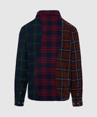 Men's patchwork plaid flannel shirt with green, red, and brown panels, back view