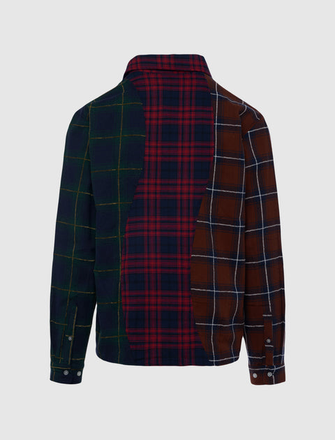 Men's patchwork plaid flannel shirt with green, red, and brown panels, back view