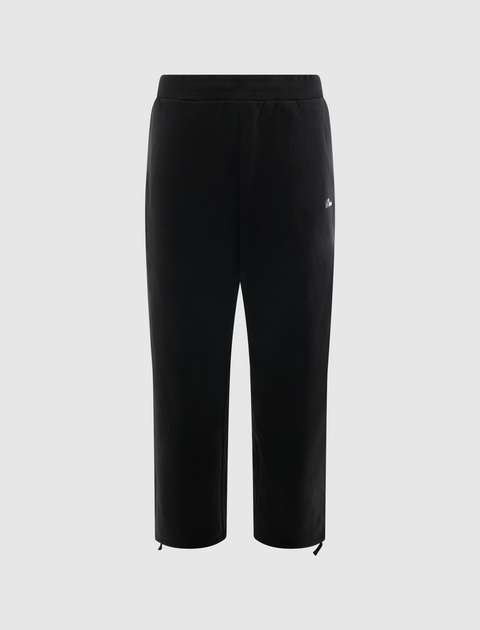 Black men's streetwear sweatpants with subtle logo, elastic waist, and drawstring ankles