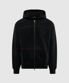 Black zip-up hoodie with multicolor contrast stitching and front pockets, men's streetwear