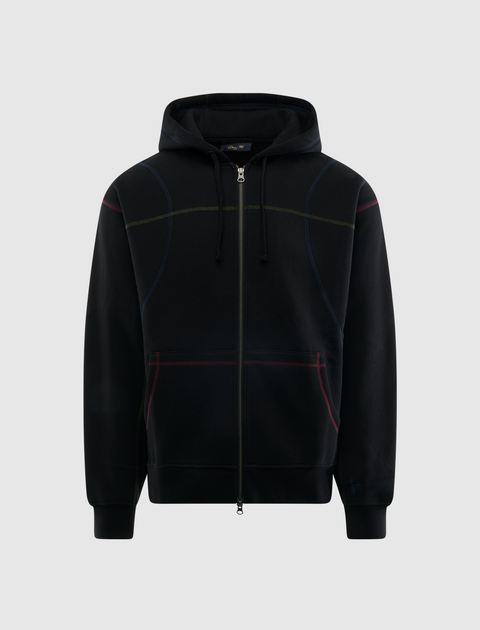 Black zip-up hoodie with multicolor contrast stitching and front pockets, men's streetwear