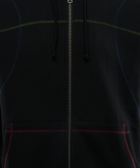 Black zip hoodie with contrast stitching and front kangaroo pockets, men's streetwear top
