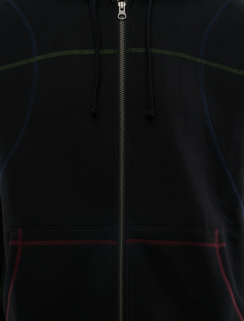 Black zip hoodie with contrast stitching and front kangaroo pockets, men's streetwear top