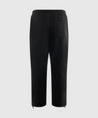 Back view of black men's streetwear pants with elastic waistband, single rear pocket, and drawstring hems.