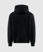 Black men's streetwear hoodie with multicolor contrast stitching, back view