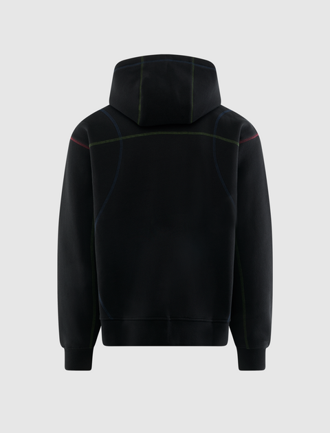 Black men's streetwear hoodie with multicolor contrast stitching, back view