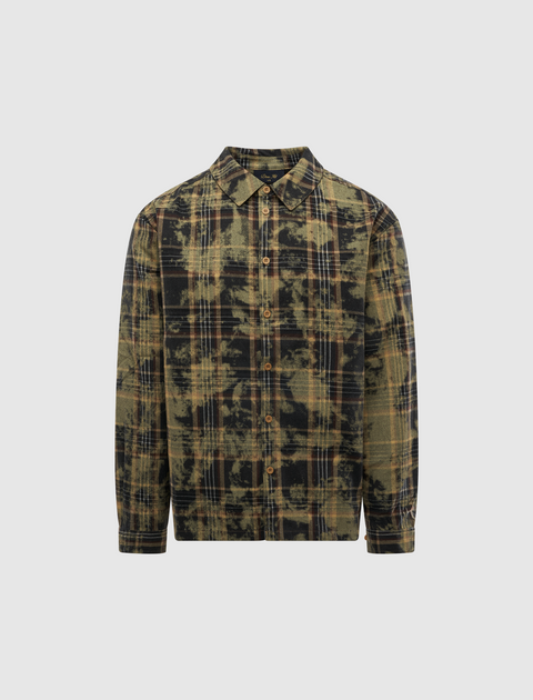 Men's beige and black plaid streetwear shirt with button front and long sleeves