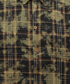 Olive green and black plaid button-up shirt with a bleached pattern detail
