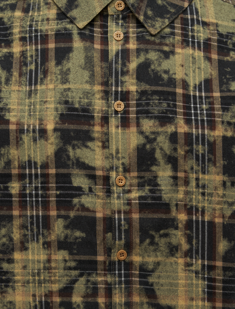 Olive green and black plaid button-up shirt with a bleached pattern detail