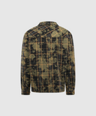 Back view of a men's long sleeve plaid flannel shirt with black and beige tie-dye pattern.