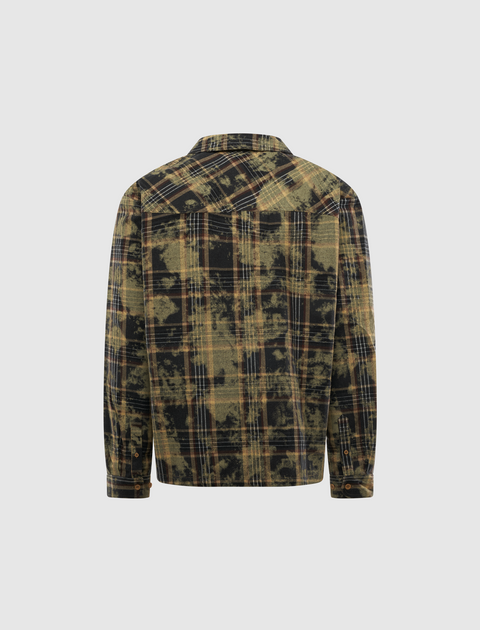 Back view of a men's long sleeve plaid flannel shirt with black and beige tie-dye pattern.