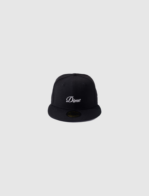 Black snapback cap with white embroidered Dime logo, streetwear accessory on grey background