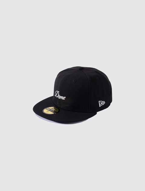 Black fitted cap with Dime embroidery and flat brim, streetwear accessory on plain background