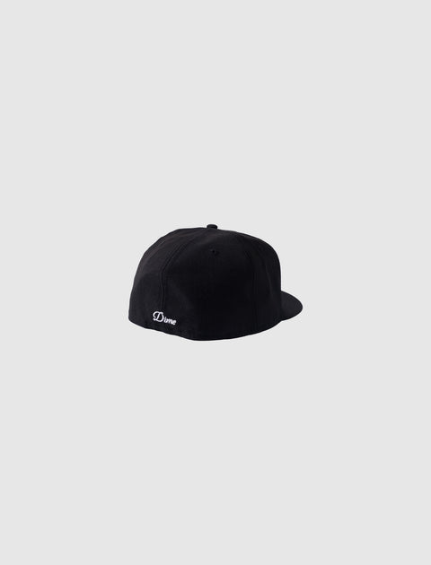 Black fitted cap with small white Dime logo embroidery on back, streetwear accessory
