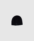 Black beanie hat with subtle embroidered logo, streetwear accessory on light background