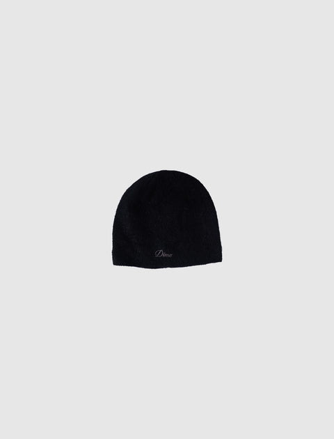 Black beanie hat with subtle embroidered logo, streetwear accessory on light background