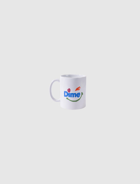 White ceramic mug with colorful graphic and "Dime" text on a light grey background